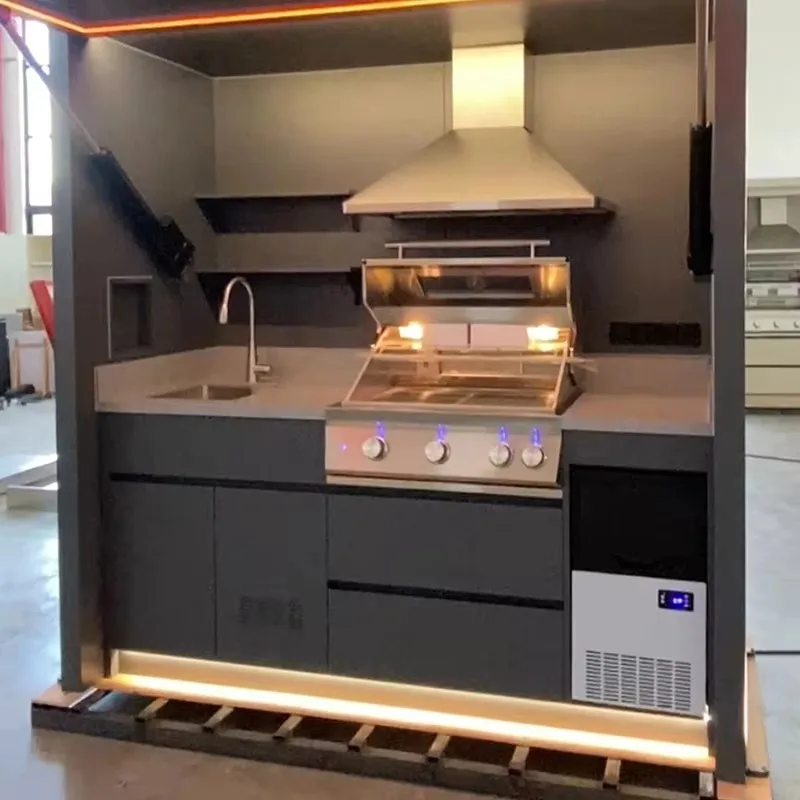 CUSTOMIZED Modular Complete Stainless Steel Foldable Chrome Plated Outdoor Kitchen Cabinet With Remote Control And Flame Safety