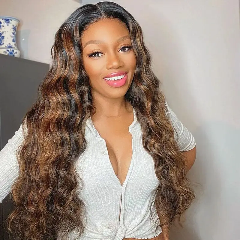 Perruque Lace Front Wig Body Wave brésilienne Remy naturelle ombrée, 13x6, 34 pouces, 4/27, pour femmes