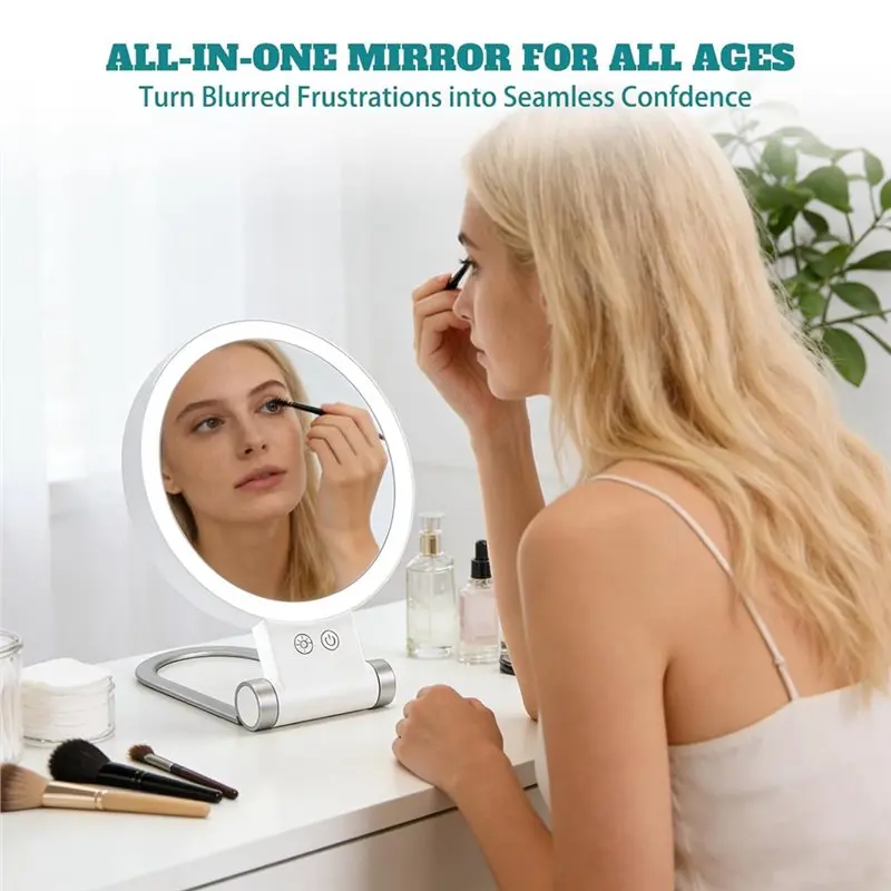 B15C Handheld Travel Makeup Mirror With 30X Double Sided LED Light In 3 Color Options, Tweezers Included Desktop Version