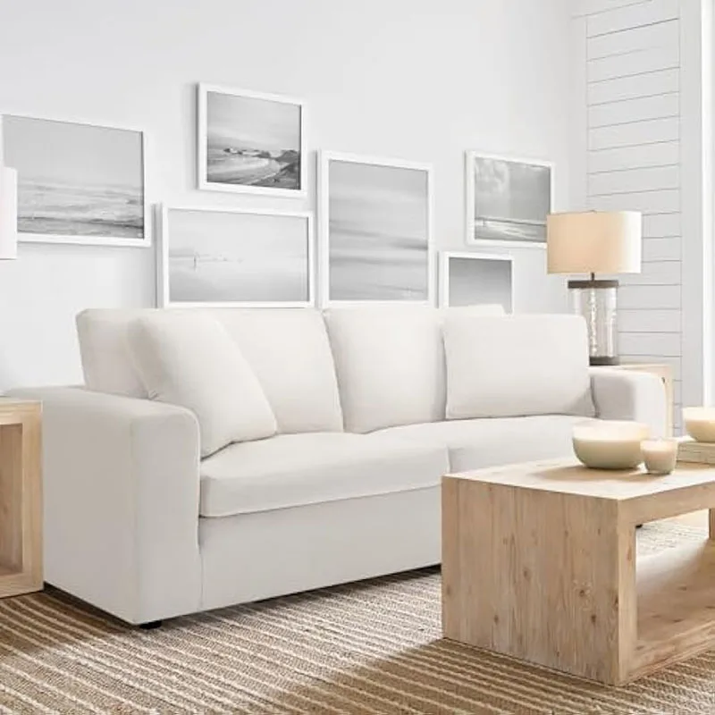 

90" Modern Sofa For Livingroom, 3 Seater Cloud Couch With Removable Back, Deep Seat, Wide Square Armrests And Wood Legs, White