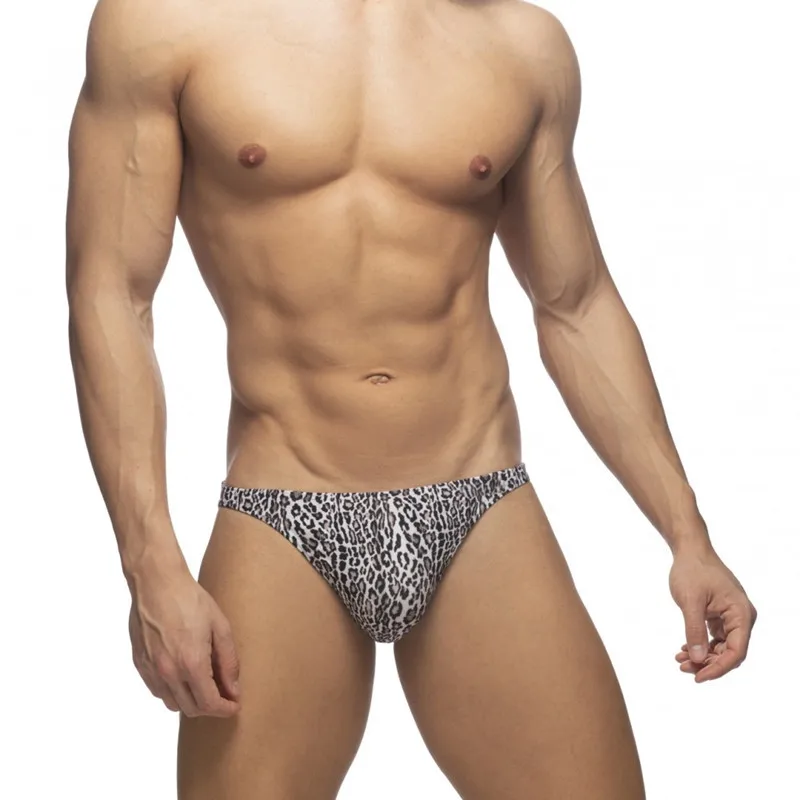 Men's swimming trunks bikini low-rise leopard print swimming trunks solid color sexy cup triangle beach pants