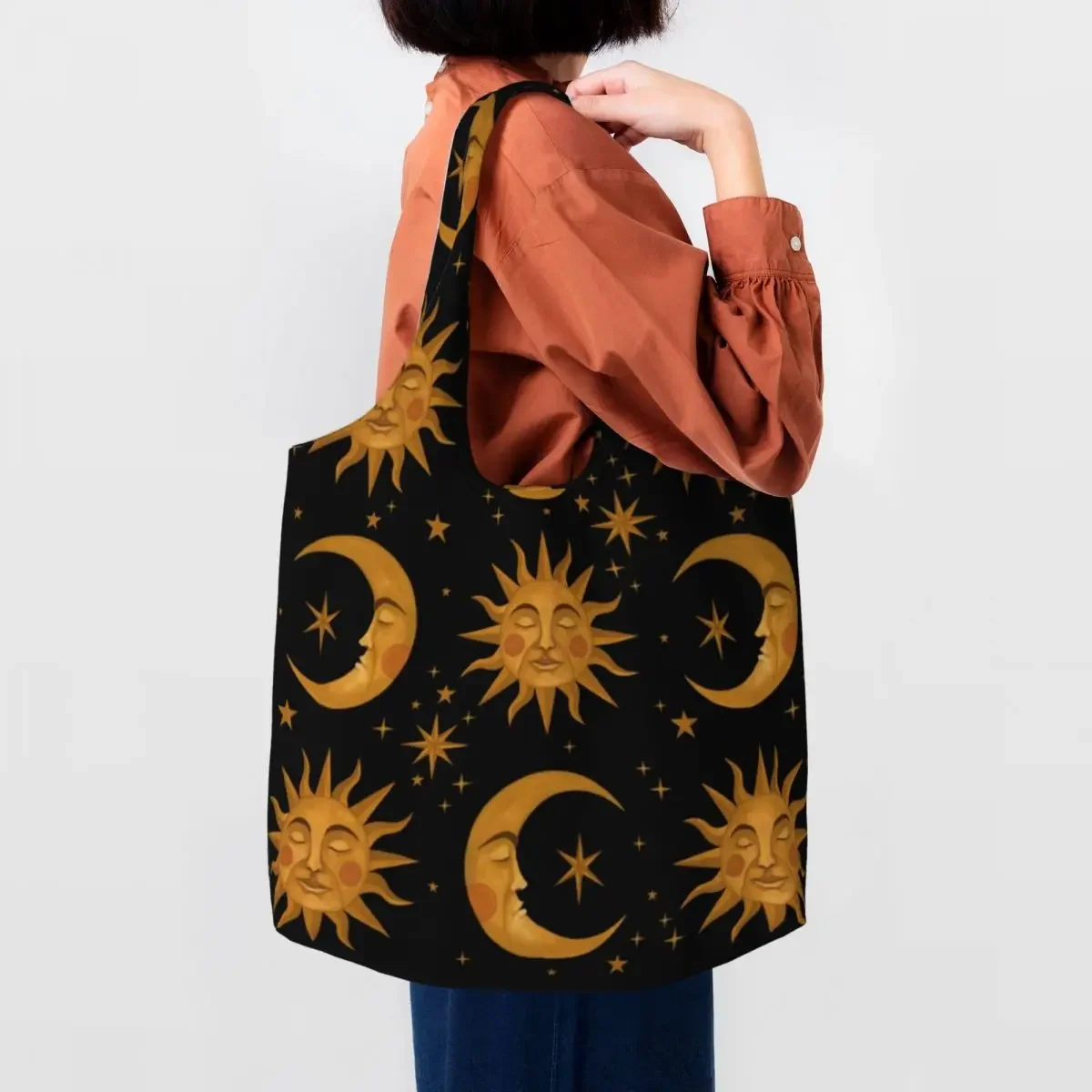 Custom Fashion Celestial Dreams Shopping Tote Bag Recycling Sun And Moon Canvas Groceries Shopper Shoulder Bag