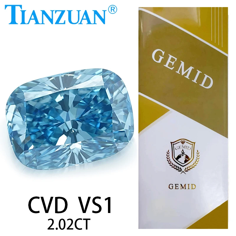 1ct VS1 Lab Grown Diamond CVD Antique Cushion Shape Fancy Vivid Blue Color 2EX Loose Gemstone Bead with GEMID Certified