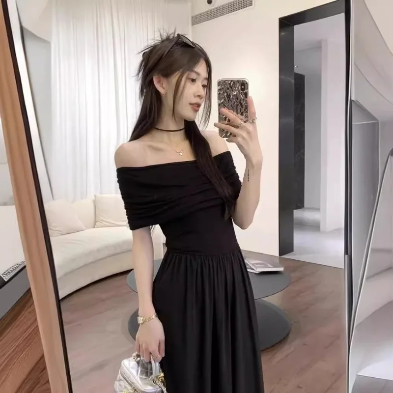 Shpmishal Summer New Style Off The Shoulder Strapless Dress for Women with Korean Style One Shoulder Waist Slimming Dresses