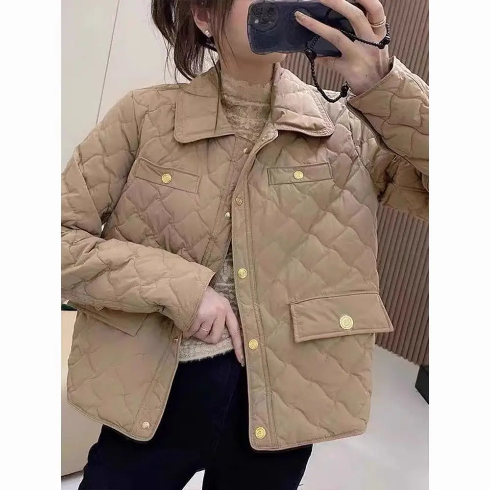 Down Cotton Jacket Women's 2025 Autumn Winter New Light And Thin European High-End sense Niche Rhombus Down Cotton Jacket Parka