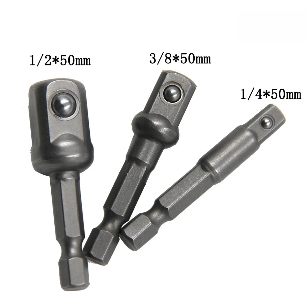 3PCS Socket Adapter 1/4 3/8 1/2 Drive Hex Shank Extension Bar 50mm Ratchet Wrench Screwdriver Power Tool Accessories Set