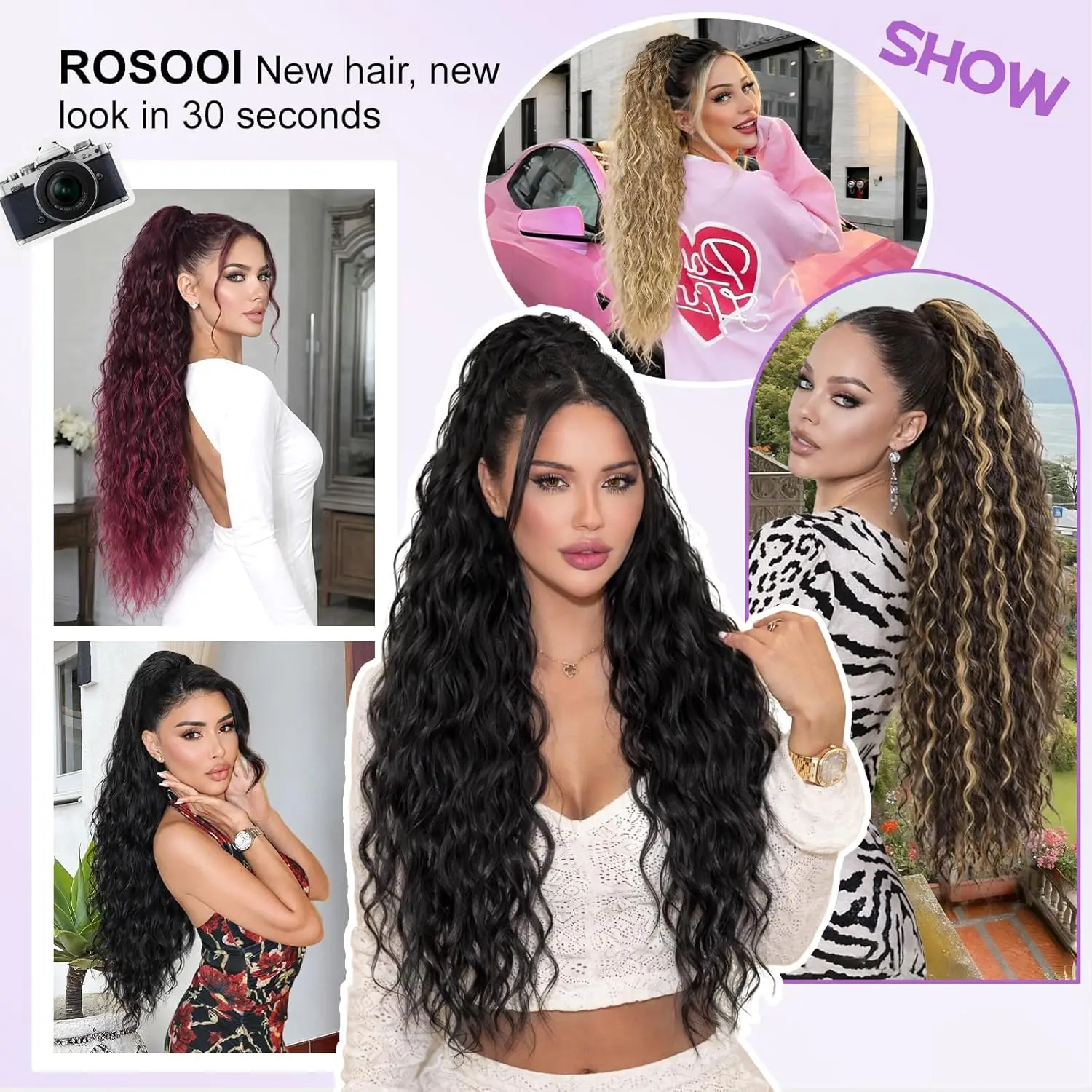 Synthetic Claw Long Wavy Ponytail Extension Black Brown 30" Curly Pony Tail Clip in Hair Extensions Fluffy Natural Looking view 6