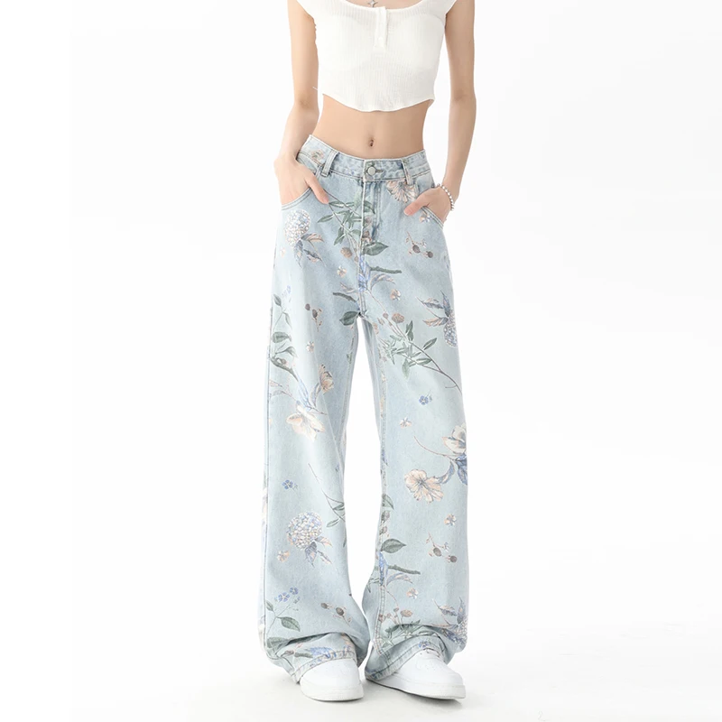 Vintage Floral Print High Waist High Street Blue Straight Jeans Pants Korean Fashion Women\'s Wide Leg Baggy Denim Trouser Y2K