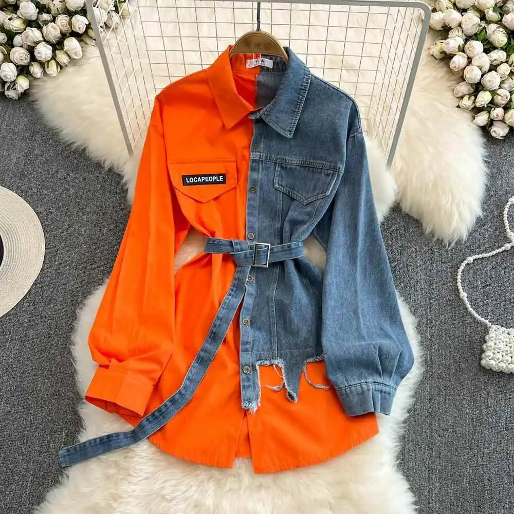 

Color Blo Denim Tirt Long Top with Waist Sand Collar Casual Sle mid Length Polyester Fiber 2024 Summer Faion