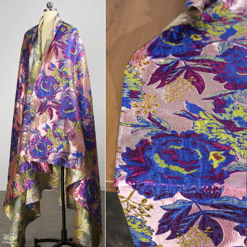 

National Style Blue Purple Rose Jacquard Fabric for DIY New Chinese Style Skirt Vest Jacket Clothing Design Cloth By The Meters