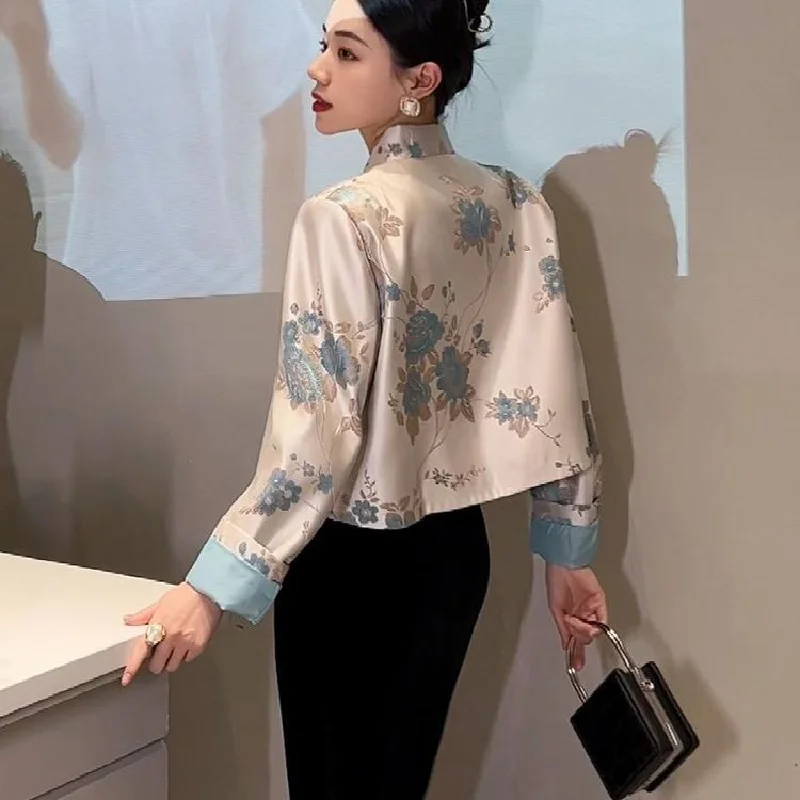 2024 New Chinese Style Blouse Chinoiserie Fashion Embroider Matching Coat Women Autumn Blue Lady Casual Daily Tangsuits Shirt