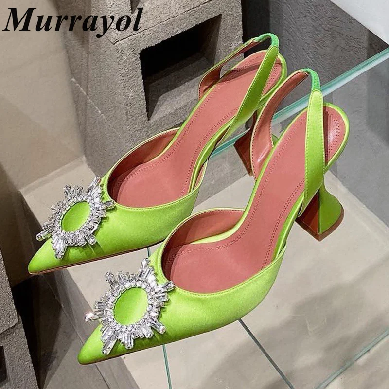 

New Pointed Toe Satin Finish Thin Heels Sandals Women Rhinestone Decor Sandalias Summer Party Dress Shoes Wedding Shoes Pumps