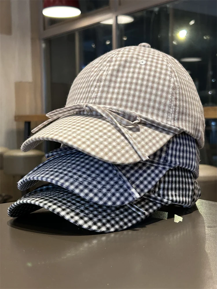 

Korean version plaid baseball cap women's summer versatile face small cap big head circumference sun protection hat