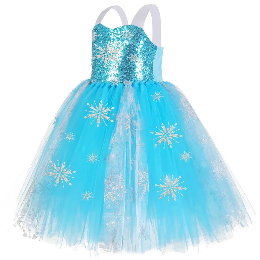 Sequins Elsa Costume for Girls Sky Blue Snow Queen Tutu Dress Snowflake Kids Halloween Birthday Carnival Party Princess Costume