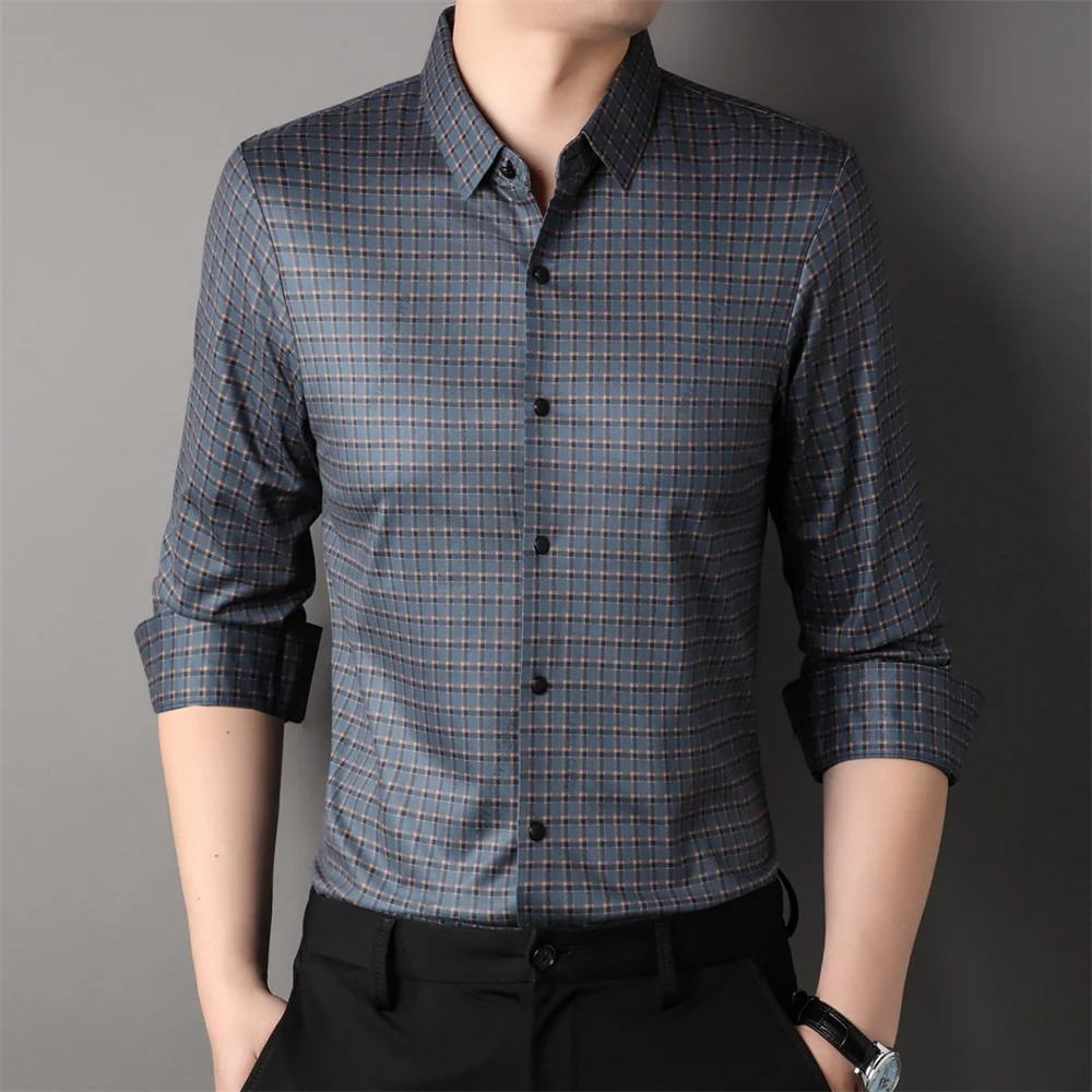 

COODRONY Fashion Classic Polo-Collar Plaid Shirt Comfortable Soft Comfortable Long Sleeve Button Men's Daily Versatile Top D0053