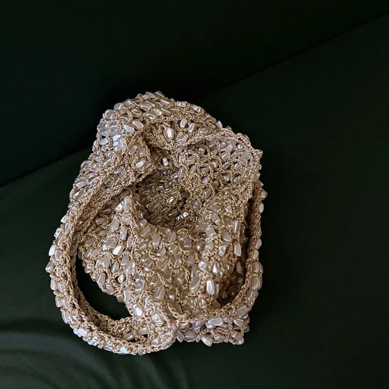 Handmade Stone Crochet Shoulder Bag Luxury Hollow Woven Handbags and Purses Rope Knitting Shopper Tote Designer Bags for Women