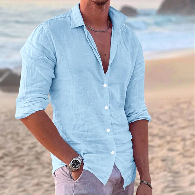 Cross-border explosive men\'s solid color shirt Fashion trend beach casual cotton linen slim-fit shirt