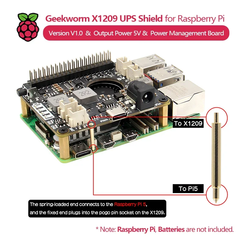 SmCpGeekworm X1209 V1.0 5V UPS HAT Power Management Board For Raspberry Pi 5 / 4B / 3B (Batteries Not Included)