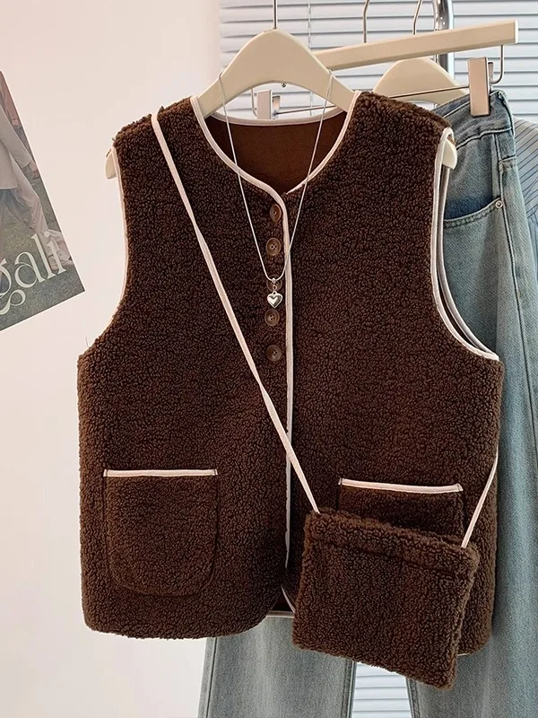 

Korean Sle Lamb Fur Vest Women's Autumn Winter Warm Outerwear Faionable oulder Pad Top round Ne Regular Length