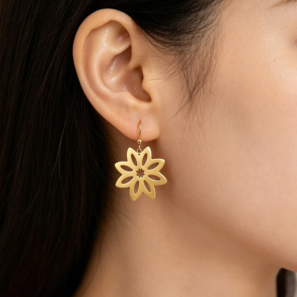 Trendy Hollow Floral Drop Earrings Eight Petal Flower Pendant Earring for Women Stainless Steel Fashion Daily Party Jewelry Gift