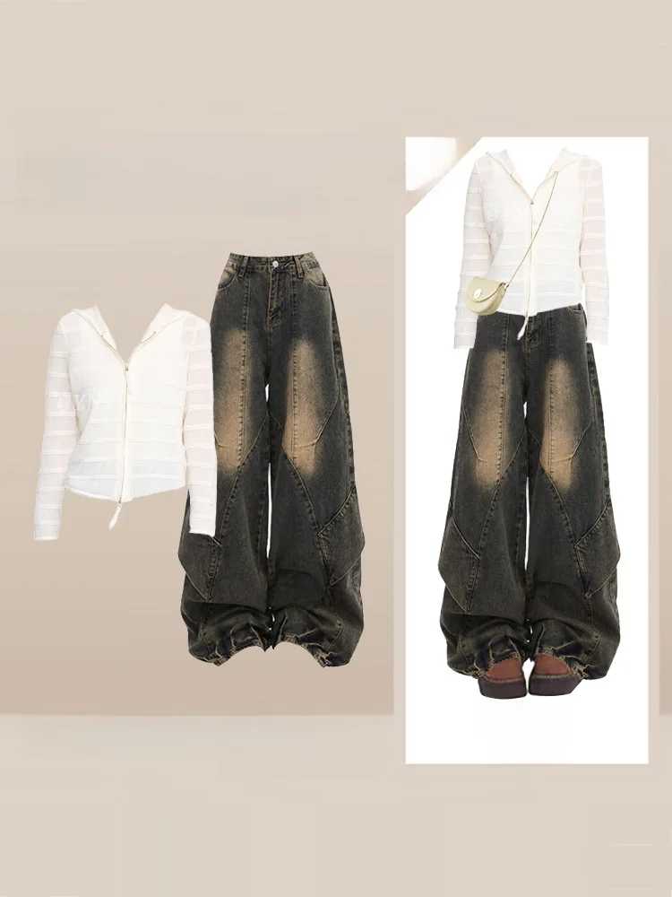 

Осенний модный цветной вязаный открытый кардиган с капюшоном Long Sve Джинсовый топ с двойной молнией и высокой талией Широкие джинсы Женский комплект...