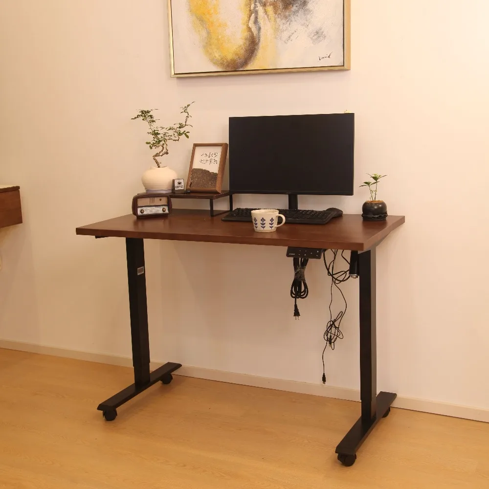 Wheeled Electric Lifting Desk, Natural Brown Wood Grain, Dual Motor, Foldable, Adjustable, Convertible, Smooth Operation