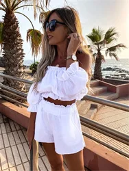 Conjunto casual de manga curta feminino, gola de uma palavra, manga lanterna, terno de bolso, top feminino, shorts, moda verão, 2 peças, 2023
