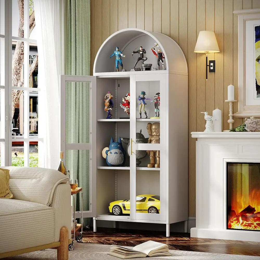 73" White Arched Glass Door Display Cabinet, Metal Curio Cabinet with 2 Adjustable Shelves for Living Room Home Office