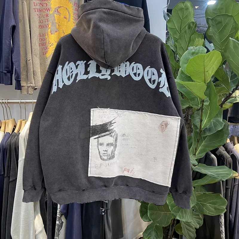 

Мужская толстовка в стиле ретро-американского стритстайла с портретным принтом и пэчворком, свободного кроя, повседневная уличная одежда