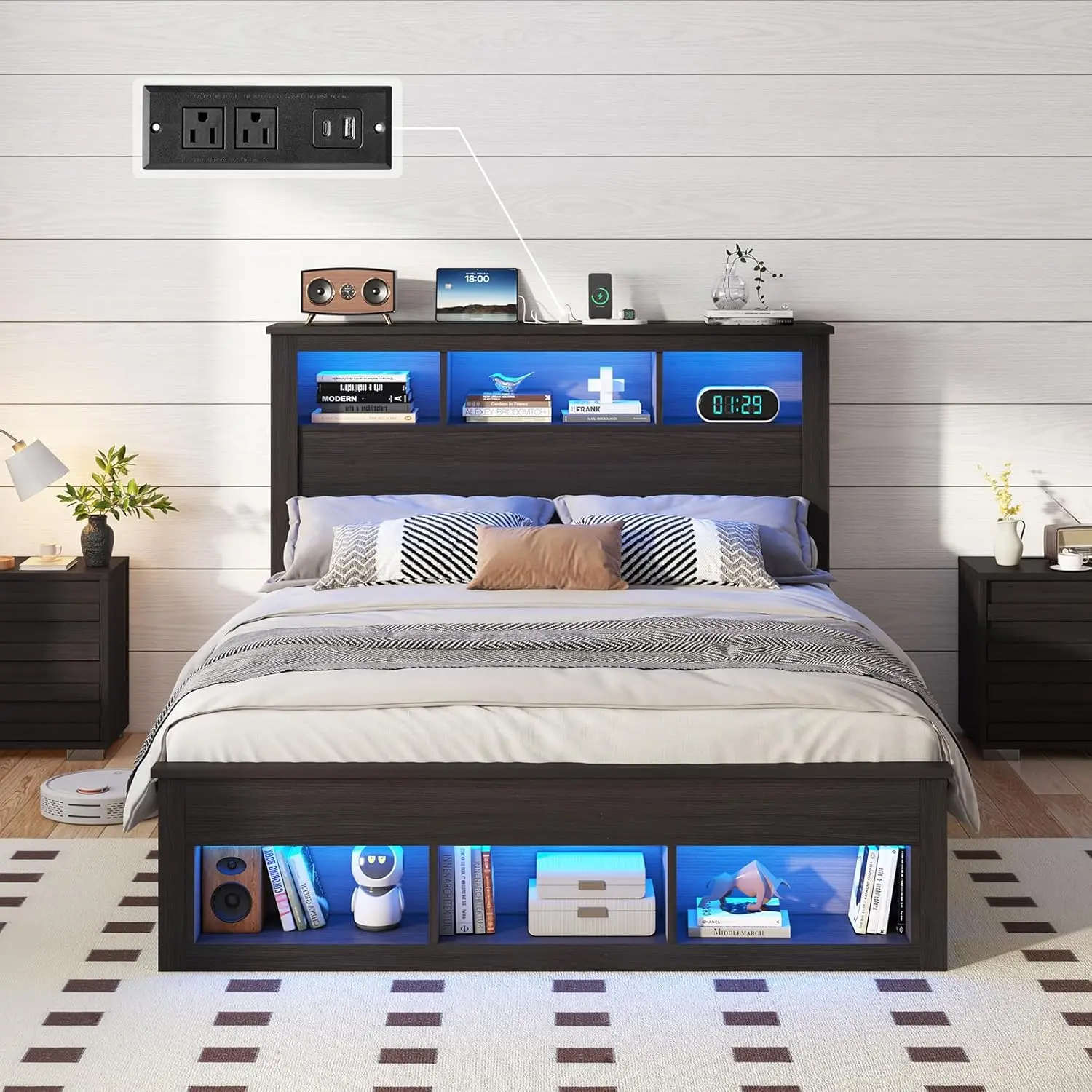 Full Bed Frame with Storage Headboard Footboard LED Light Charging Station Farmhouse Platform Bed No Box Spring