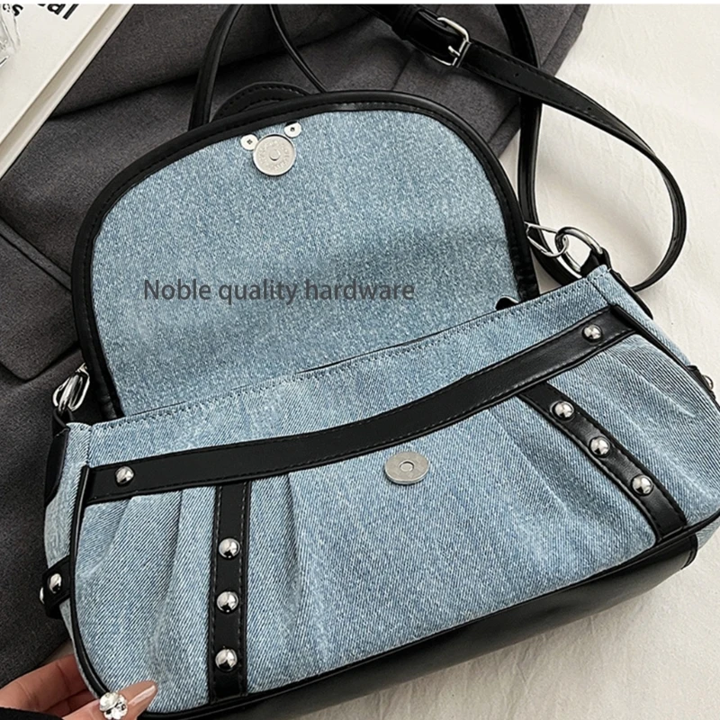 Dames denims flap crossbody tas met hart geknikte punk bezaaid kleine schoudertas modieuze casual handtas portemonnees