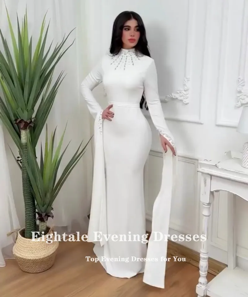 Eightale Arabische avondjurk hoge hals kralen lange mouwen aangepaste zeemeermin moslim bruiloft feestjurk vestido de noche