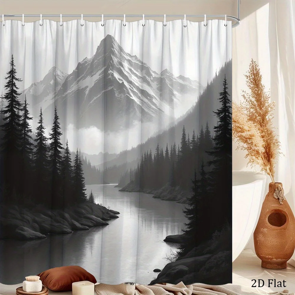Misty Mountain Shower Curtain – Black & White Alpine Landscape, 12 Hooks, Machine Washable, Spa-Inspired Bathroom Decor