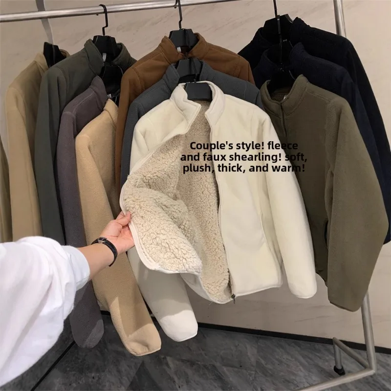 

Autumn and Winter Plush Couple's Double Layer Retro Polar Fleece Long Sleeved Lamb Fleece Stand Up Collar Jacket Warm Coat