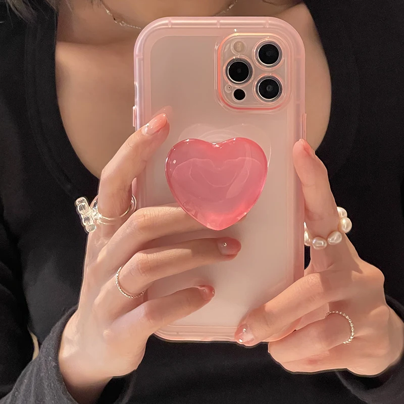 Japan Korean Jelly Pink Love Heart Stand Holder Clear Soft Case For IPhone XS 11 12 13 14 15 16 Pro Max Protective Back Cover