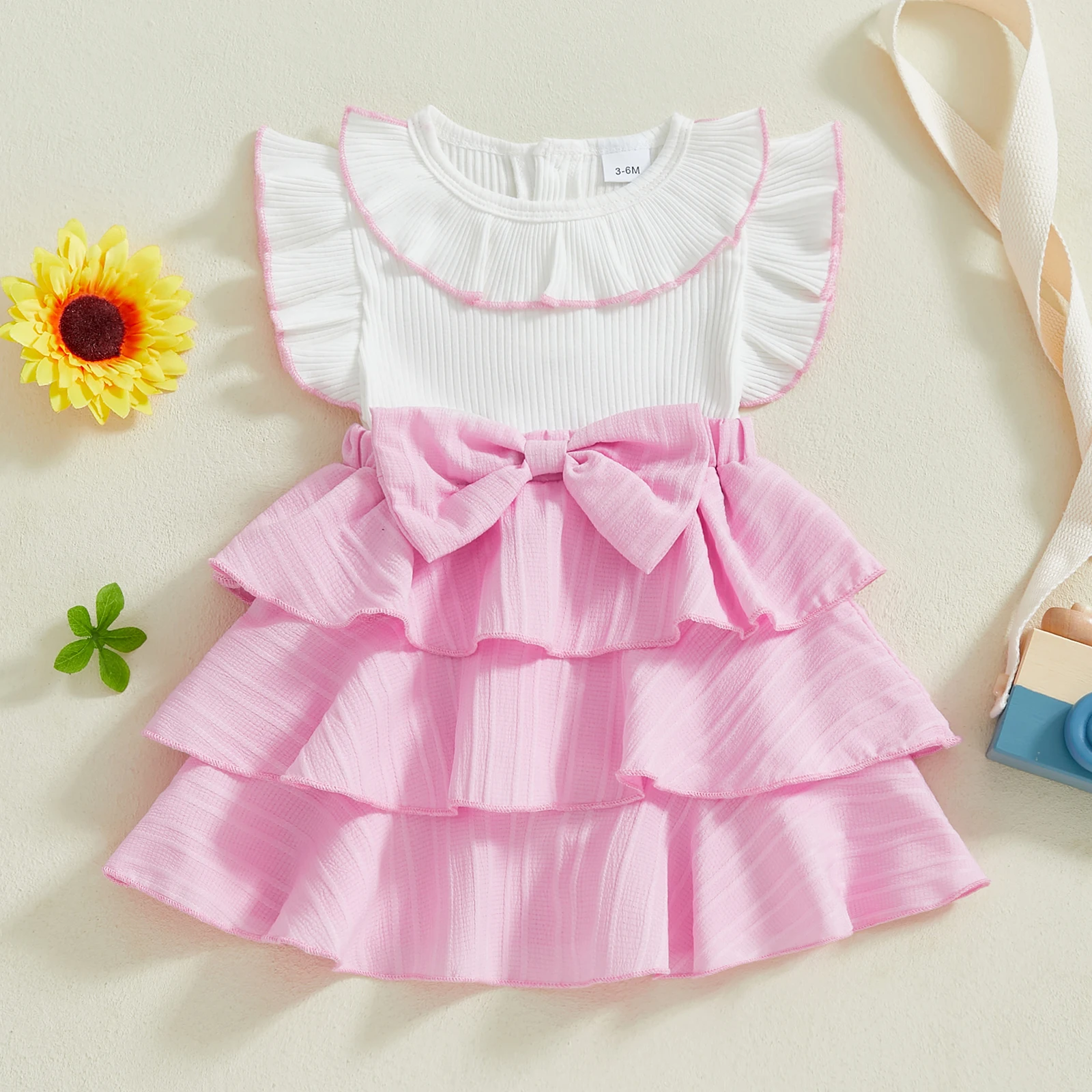1-4Y Baby Girl Summer Sweety Princess Dress Casual Short Sleeve Doll Collar Bow Front Dress Toddler Kids Patchwork Cake Dress