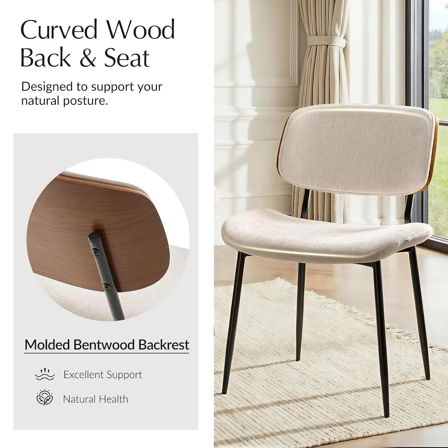 Mid-Century Upholstered Dining Chair 6 Pack Wood Backrest & Black Metal Legs Fabric Kitchen Chair , Customized