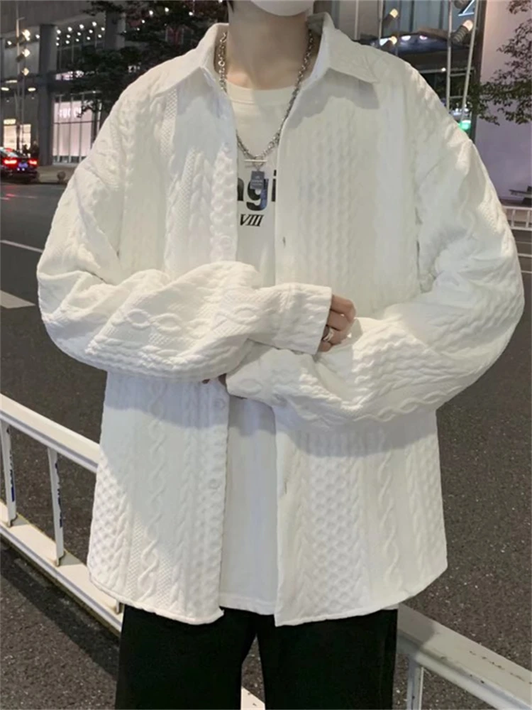 Loose Long Sleeve Men's Shirt Casual Hong Kong Style Fashionable Outerwear Pure Color Stand Collar Youth Trend Autumn Wear