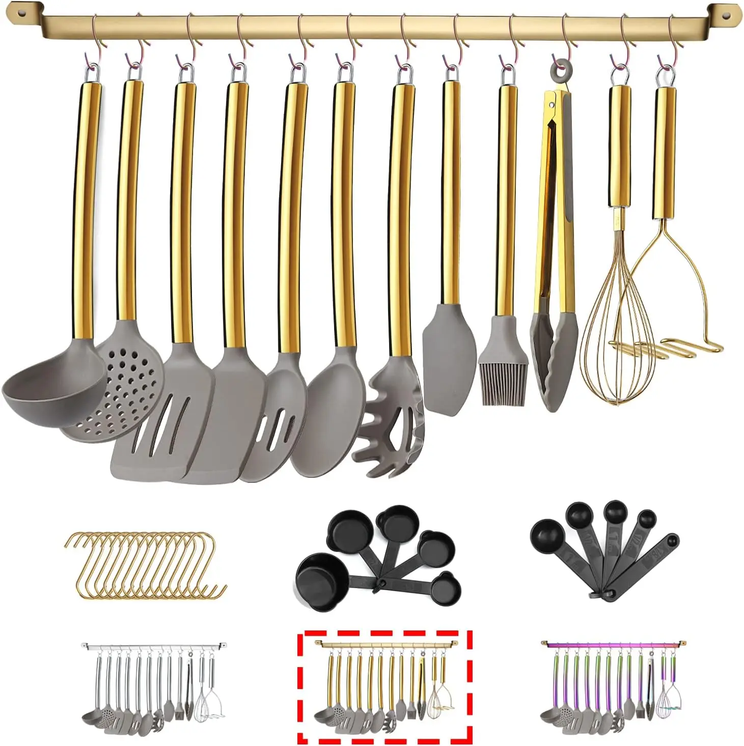

38 Piece Silicone kitchen Cooking Utensils Set with Utensil Rack, Silicone Head and Stainless Steel Handle Cookware, Kit