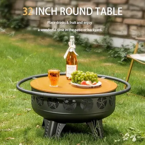 32 Inch Fire Pit with Swivel Cooking Grate,3-in-1 Wood Burning Firt with Grill,Outdoor Fire Pits Table with Metal Lid