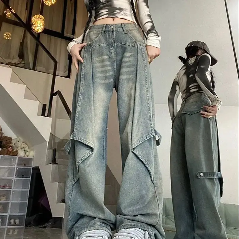 

Jeans High Waist Gradient Womens Vintage Straight Baggy Pants Chic Design Streetwear Color Hip Hop Y2K Denim Wide Leg Trouser