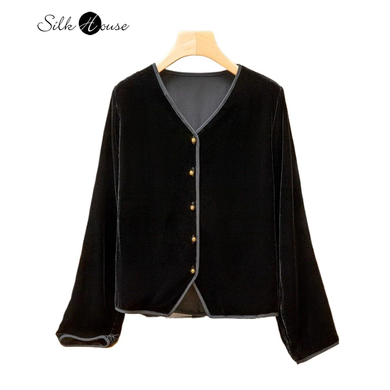 

Autumn Women's Clothing 30% Natural Mulberry Silk Velvet V-neck Long Sleeved Versatile Temperament Black Fashionable Jacket