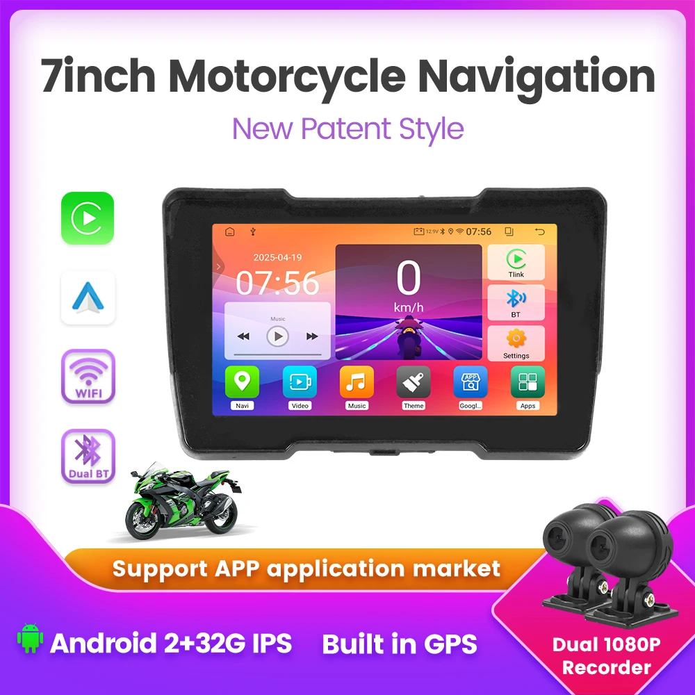 

IPX 7 Android12 intelligent Carplay system 2+32G 4 Core 7" Touch Screen dual BT 5.0 Motorcycle GPS Navigation 2.4G Wireless WIFI