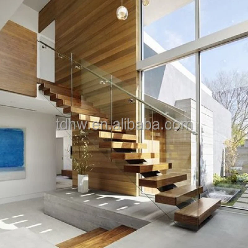 custom.New Style Design Straight Stairs Interior Staircase With Wood Tread and Glass Railing