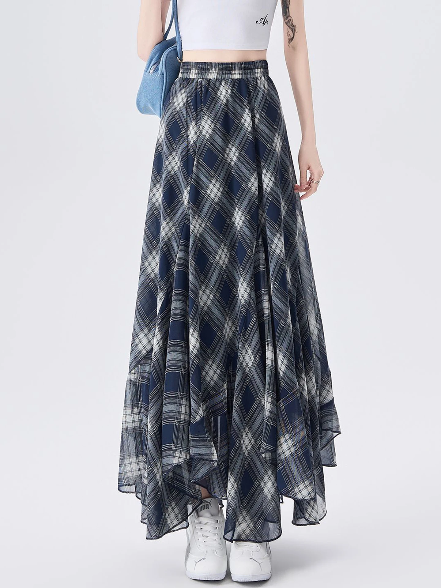 

High Waist Plaid Tulle A-Line Midi Skirt Women's Summer New Style Small Size Cover Hip Long Umbrella Skirt Korean Style