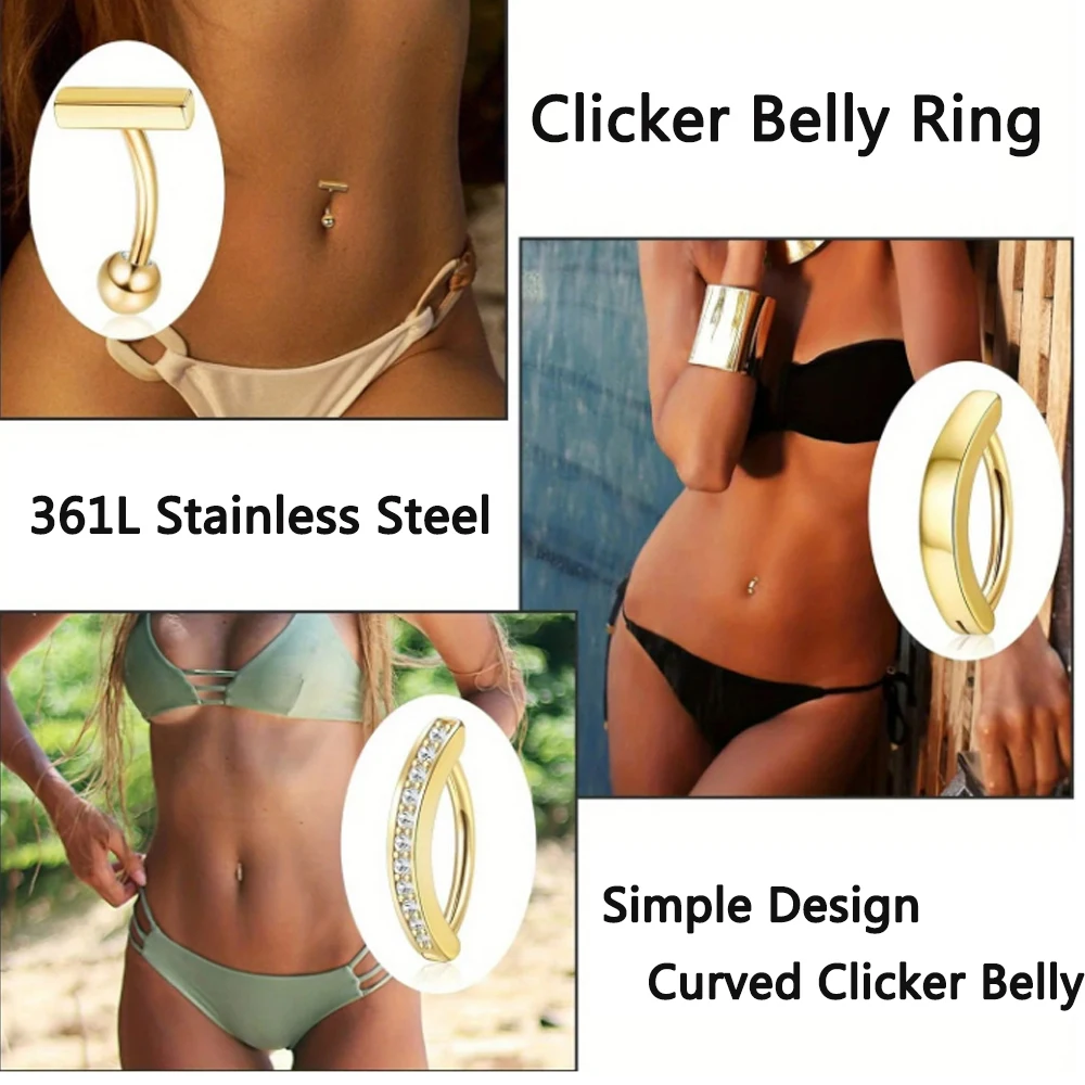 3-6pcs/lot Crystal CZs Belly Ring Set Stainless Steel Reversed Bar Belly Clicker Piercing Jewelry Gold Heart Flower Navel Rings