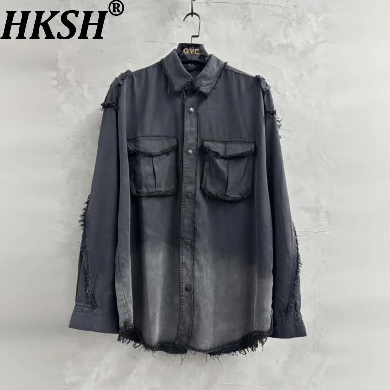 

HKSH Autumn New Man's Dark Niche Washed Long Sleeve Shirt Waste Land Patchwork Frayed Edge Shirts Jackets Women Techwear HK11933