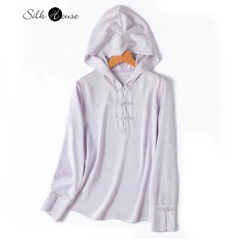 

Leisure 21MM 93% Natural Mulberry Silk Jacquard Elastic SangBo Satin Hooded Long Sleeved Women's Fashionable Hoodie Top