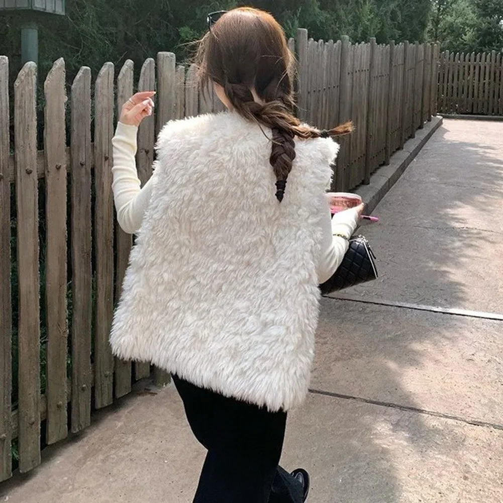 Sleeveless Round Collar Vest for Women Autumn Winter Warm Loose Waistcoat with Button Front Casual Style Coffee White