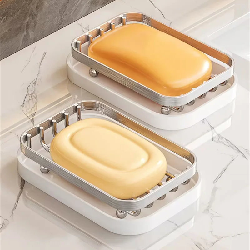 Stainless Steel Soap Dish with PP Drain Tray Draining Soap Holder Desktop Scrubber Brush Storage Organizer for Bathroom Kitchen